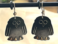 Vintage Artisan Owl Dangle Pierced Ears Earrings Matte Finish Geometric Overlays