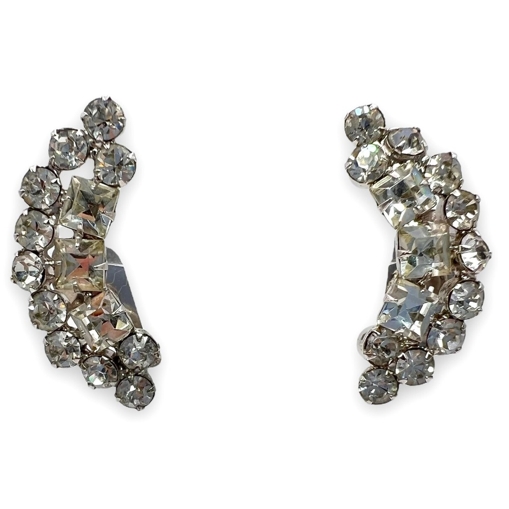 Vintage Clear Round and Square Cut Prong Set Rhinestone Climber Clip Earrings