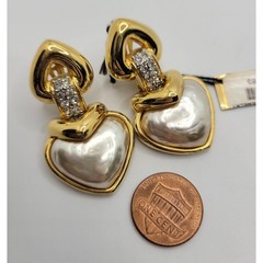 Vintage NOS Vogue Bijoux Heart Clip On Earrings Faux Pearl Crystal Estate Italy