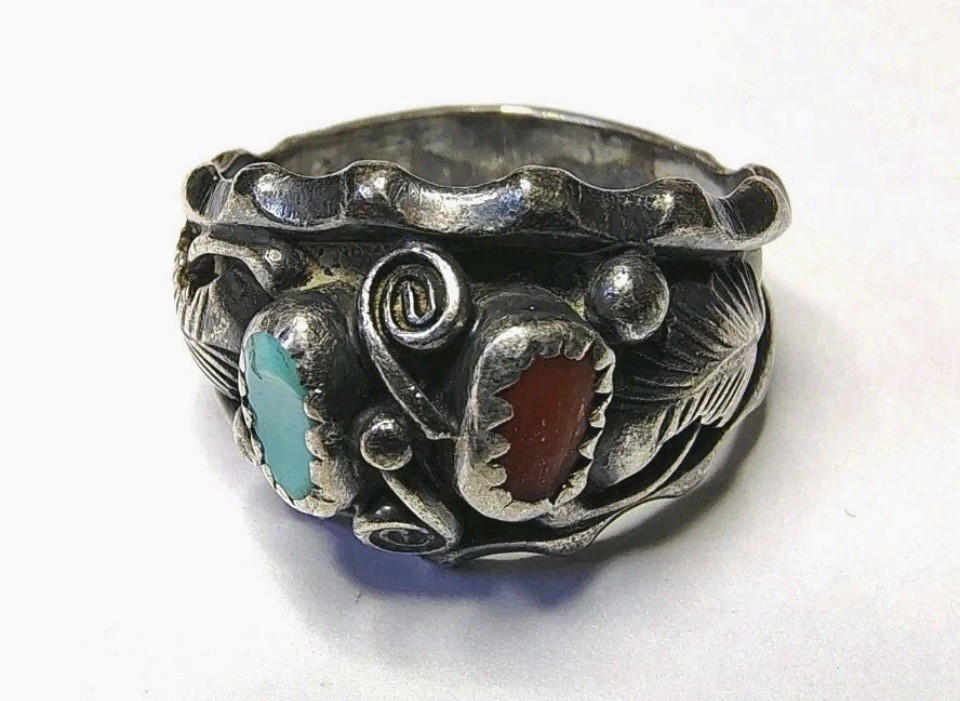 Vintage Max Calabaza Navajo Ring 925 Sterling Silver Turquoise & Coral SIZE 9.5