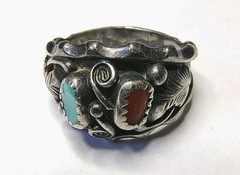 Vintage Max Calabaza Navajo Ring 925 Sterling Silver Turquoise & Coral SIZE 9.5