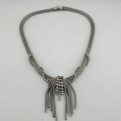 Vintage Mesh Tassel Necklace Rhinestone Silver Tone Dangling Collar