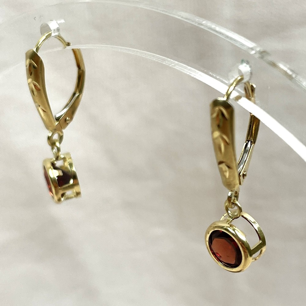 14K Garnet Drop Earrings, Yellow Gold Dangle, Bezel Set Natural Stones, Estate