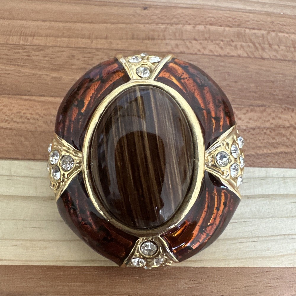 Vintage Brooch Pin 1.75 Inch Brown Marbled Art Glass Clear Rhinestones Gold