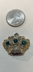 Silver Tone And Green Stone Crown Brooch As Pictured