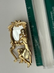 Vintage 1980s Gold Tone Woman at Vanity Mirror Brooch Pin Figural 2.5″