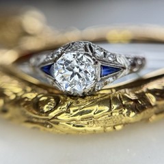 Art Deco Old European Cut Diamond Sapphire Engagement Ring
