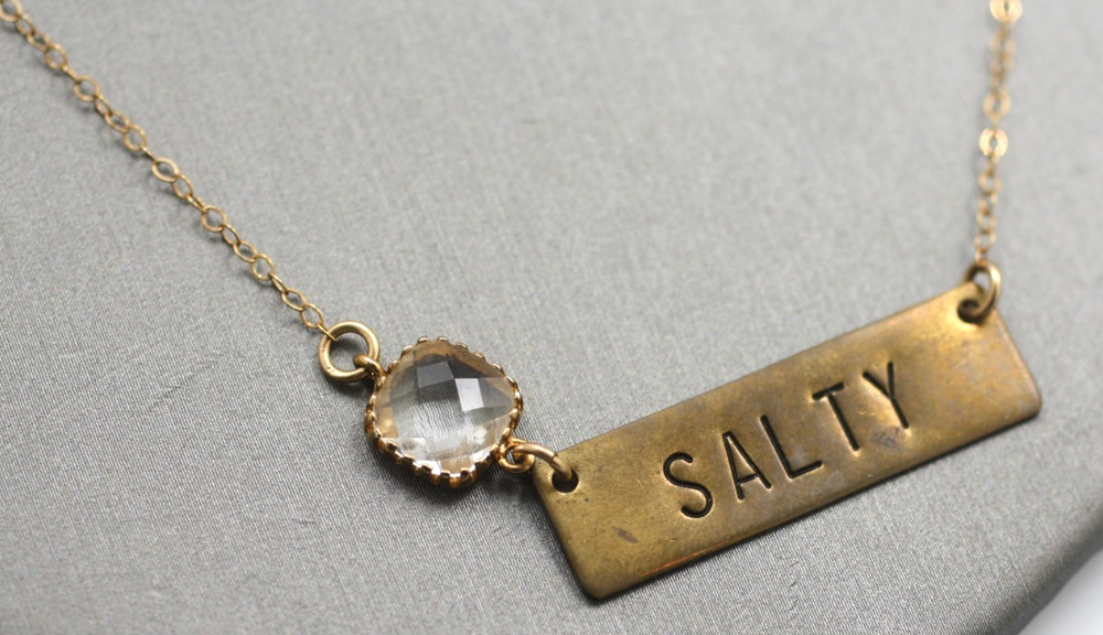 MSCO 1/20 14k Gold Filled Salty bar word clear stone pendant 19″ Necklace