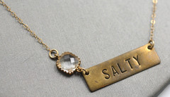 MSCO 1/20 14k Gold Filled Salty bar word clear stone pendant 19″ Necklace
