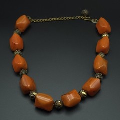 Vintage Orange Amber Bakelite Chunky Geometric Floral Bead Necklace Tested 15.5″