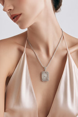 Vintage Camphor Glass Genuine Diamond Pendant Necklace Rhodium Plated Floral