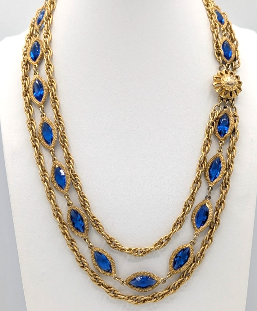 Vintage Multistrand Rope Chain Necklace Cobalt Blue Glass Gold Tone Statement