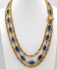 Vintage Multistrand Rope Chain Necklace Cobalt Blue Glass Gold Tone Statement