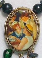 Lg Signed ROXSANN Green Bead Necklace RENOIR Boating Party w/5 Locket Dangles