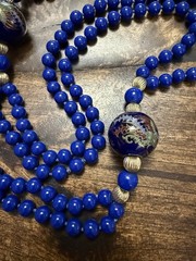 Beautiful Knotted Blue Glass and Gold Beads with Large Dragon/Phoenix Beads, 36”