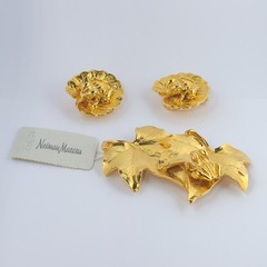 Vtg Maple Leaf Frog Leaves Goldtone Jewelry Amphibian Brooch & Earrings Set