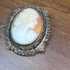 Vtg Hand Carved Shell Cameo Brooch Pendant Gold Tone Filigree Frame Safety Chain