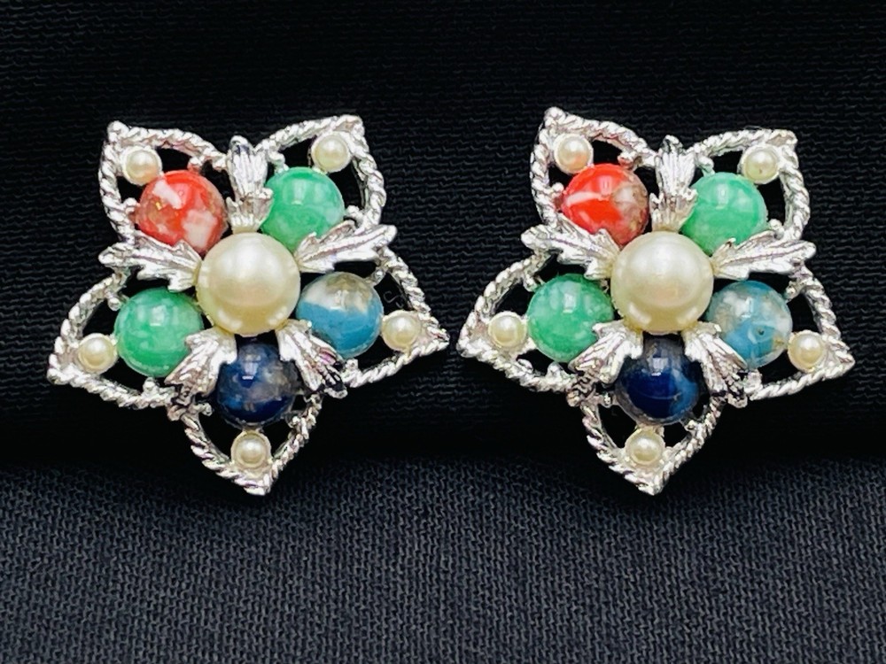 Sarah Coventry Multi-Stone Color Faux Pearl Filligree Clip Earrings Silver Tone
