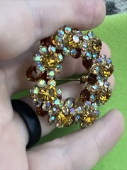 Vtg Austrain Crystal Brooch Pin Open Circle Aurora Borealis Yellow Cognac