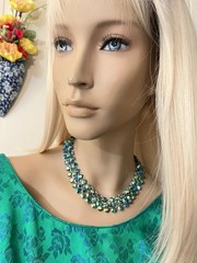 Vintage 3 Strand Peacock Green/Blue Aurora Borealis Crystal Necklace Not Signed