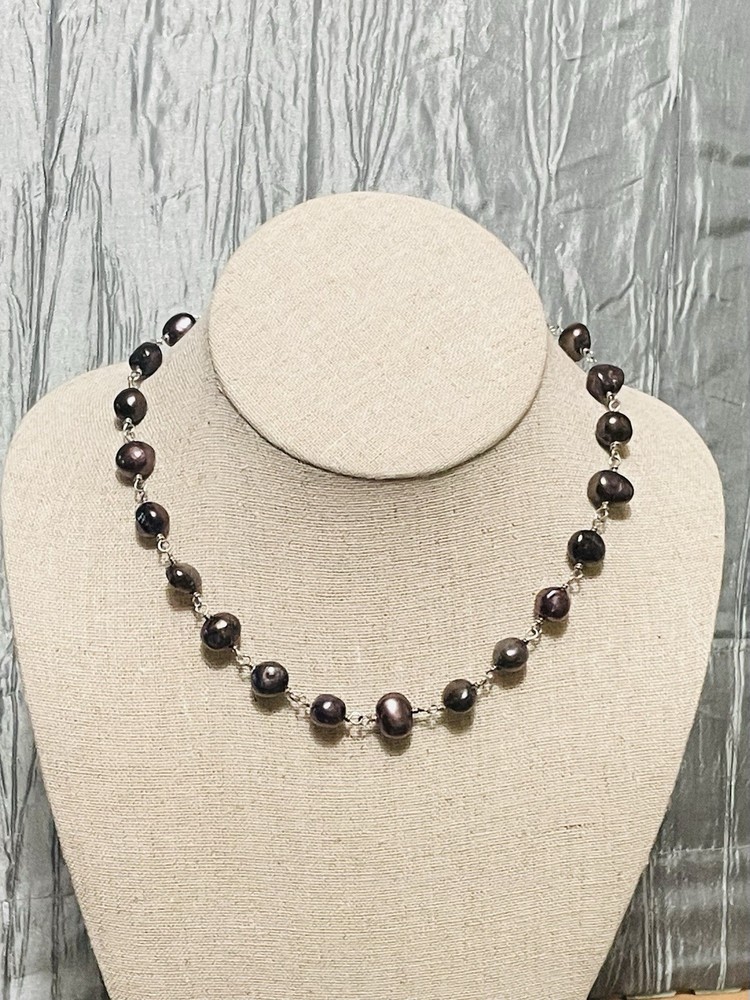 Peacock Baroque Pearls Necklace Dark Purple/Blue/Grey-Vtg 17.75″Sterling Silver