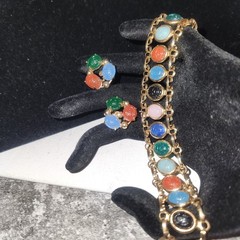 Vintage Scarab Bracelet and Clip On Earrings Set Gold Tone Multi Stone Jewelry