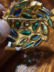 Vintage Domed Round Blue and Greens Rhinestone Brooch Unsigned