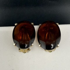 Vintage Schiaparelli Clip On Earrings Gold Tone Brown Glass