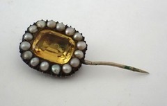 Antique Georgian English Brooch Yellow Topaz w/Split Pearl Halo Gold Setting