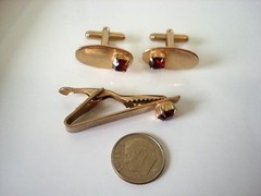 Vintage Gold Tone Cufflinks and Tie Bar Clip Clasp With Red Rhinestones KJ