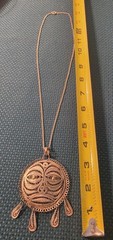 Vintage Tribal Tiki Mask Sun Face Silver Tone Filigree Dangle Pendant Necklace