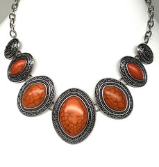 Orange Faux Howlite silver tone charm necklace 20”