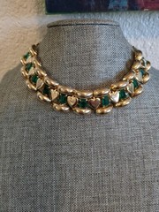 Vintage Heart Collar Link Necklace Faux Emeralds Valentine’s Day Necklace