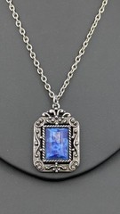 Vintage Gothic Pendant Necklace Blue Glass Victorian Revival Silver Tone 22″