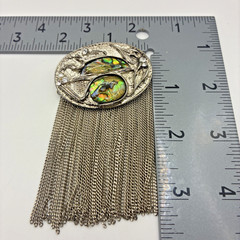 Vintage Brooch Abalone Shell Tassel Rhinestone Silver Tone Dangle Chain Pin