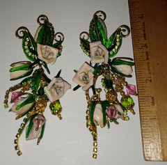 4″ Vtg 1980s Lunch at Ritz Enamel Rose Flower Rhinestone Clip On Dangle Earrings