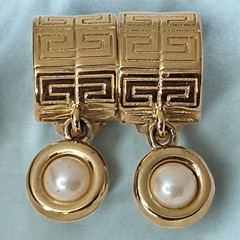 Givenchy Clip Earrings Logo 4G Dangle Pearl Gold Runway Signed 80s Vintage