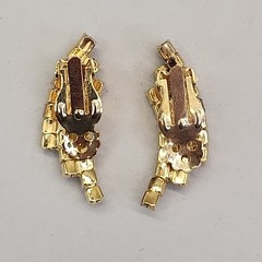 Vintage Rhinestone Clip On Earrings Purple Clear Climber Gold Tone 1 3/8″