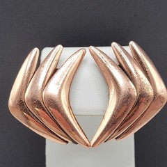Rame Modernist Artisan Copper Fishbone Clip On Earrings Worn Distressed
