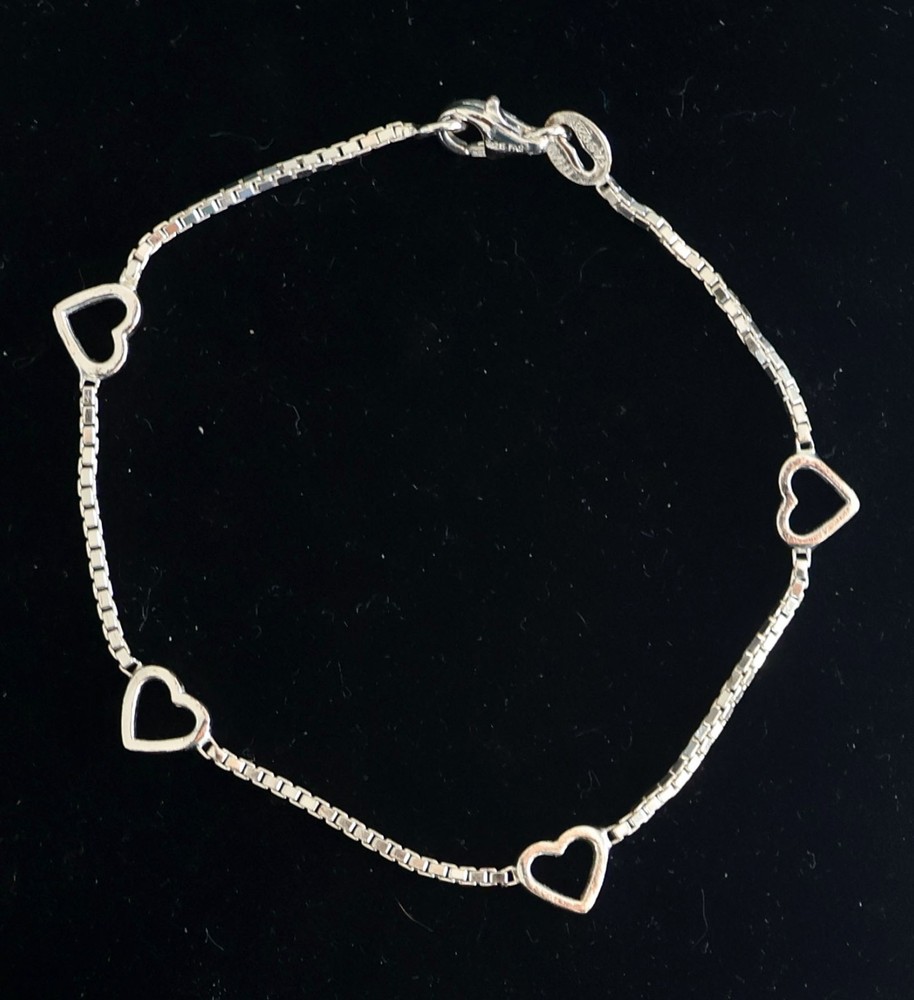 Vintage FAS 925 Sterling Silver 7″ Open Heart Station Chain Bracelet 3.04 gr