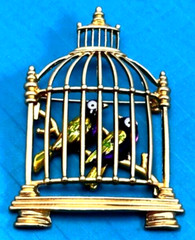 Gold Tone Bird Cage With 2 Colorful Birds Brooch
