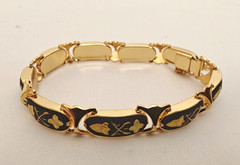 Vintage Spanish Style Damascene Black & Gold Tone Link Bracelet w/ Safety Chain