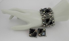 Wide Rhinestone Panel Bracelet 5 link & Earrings Set ab black rhinestones vtg