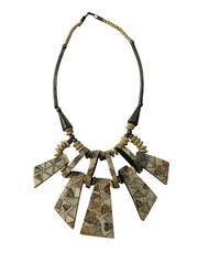 Vintage Tribal Statement Necklace Geometric Inlay Panels Bone Horn Style Heavy B