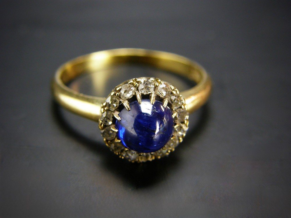 Antique Edwardian Era 18k Gold Sugarloaf Sapphire Diamond Cluster Ring