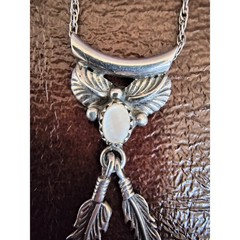 Vintage Sterling Silver Mother of Pearl Feather Pendant Necklace 925 Chain