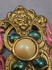 Art Nouveau Style Brooch Pin Cherub Faces Gold Tone and Faux Pearl