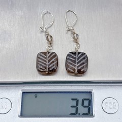 Vintage Sterling Silver 925 Smoky Quartz Etched Leaf Earrings