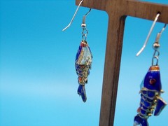 Vintage Cloisonné Blue Enamel Koi Fish Dangle Articulated Earrings French Wire