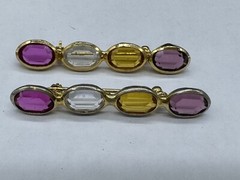 VINTAGE ESTATE FACETED GLASS LAVENDER CLEAR YELLOW BEZEL SET BAR BROOCH PIN PAIR